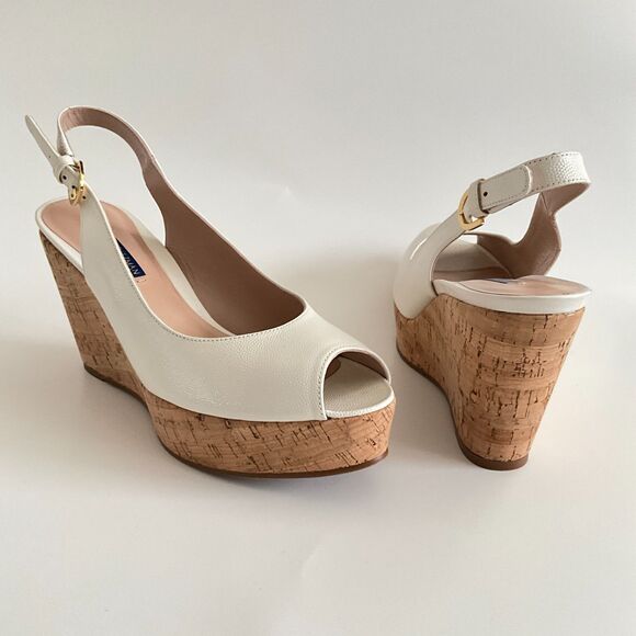 Stuart Weitzman Beige Leather Rinna Wedge Peep-toe Sling Back Sandals 8.5 - Picture 3 of 12